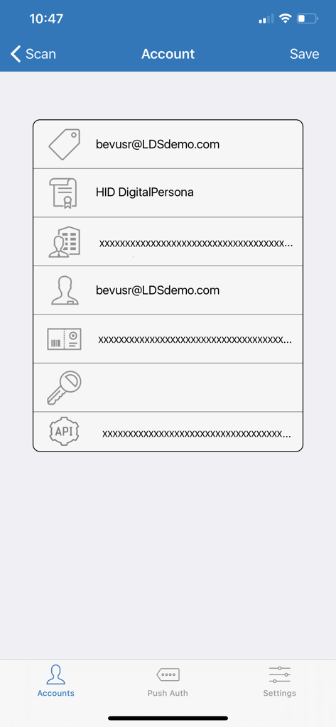 DigitalPersona - Écran des détails du compte de l'application DigitalPersona montrant les champs de configuration de l'utilisateur et les icônes de sécurité.