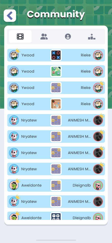 2 Player Game Box Online - Community screen displaying recent match results and player rankings in the 2 Player Game Box Online app