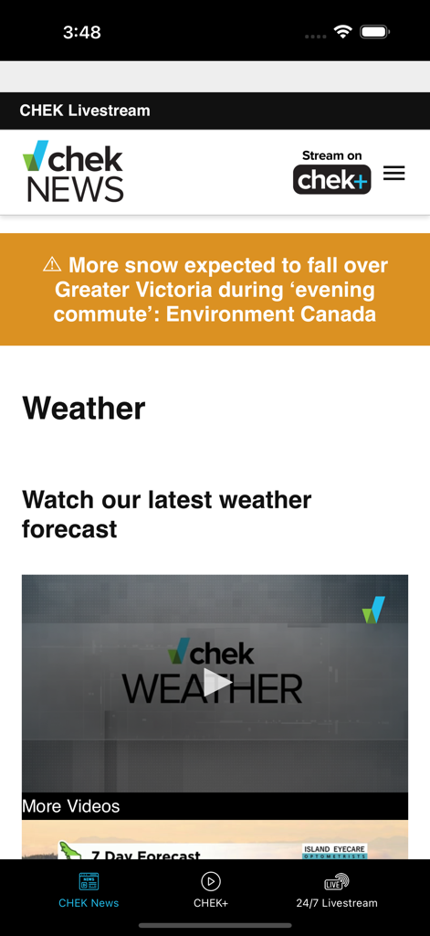 CHEK Mobile - Pantalla meteorológica de la aplicación CHEK Mobile con noticias locales y alertas de nieve para el Gran Victoria.