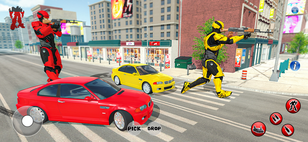 Robot Car War Transform Battle - Robots transformándose con rifles junto a coches deportivos en una escena de combate en la calle de la ciudad