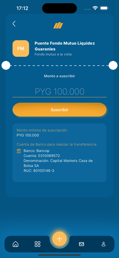 Capital Markets APP - Mobile app interface for mutual fund subscription in Guaranies showing amount entry and bank transfer details