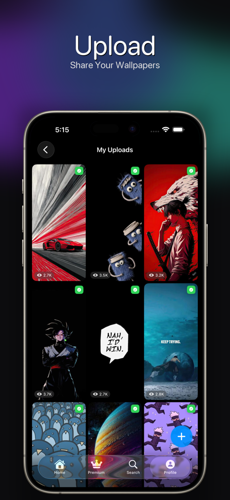 HDQWalls - HDQWalls app screen showing the my uploads section for sharing custom wallpapers