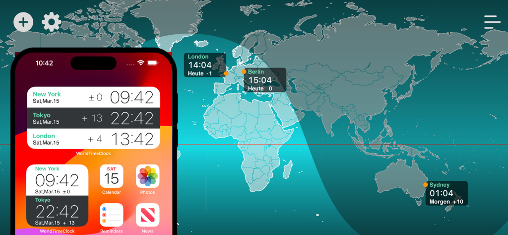 World Time Clock-Weather & Map - Mappa del mondo che mostra zone giorno/notte con widget orologio per la schermata Home di iPhone