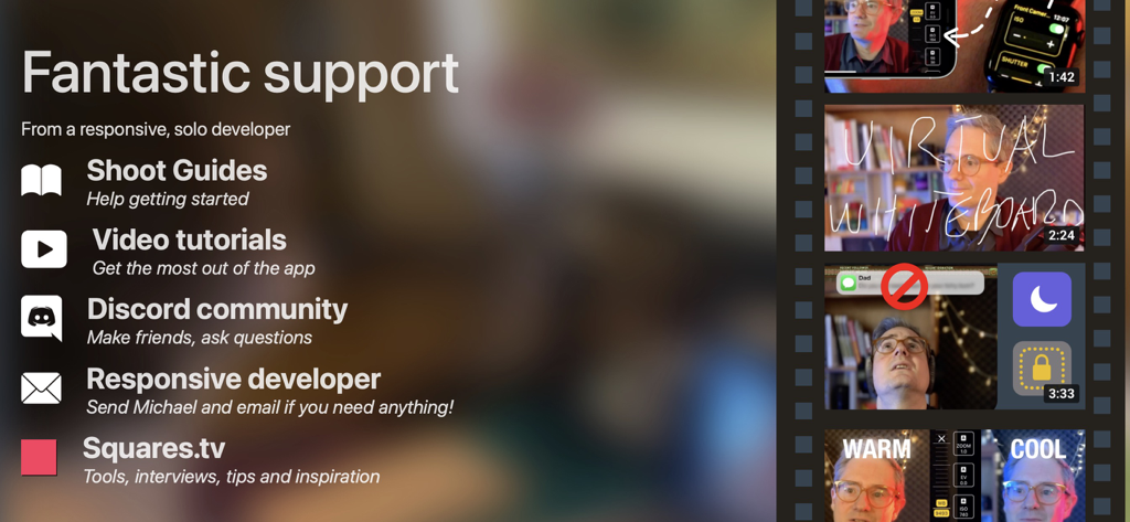 Shoot Pro Webcam & Telestrator - A list of support options for the Shoot Pro Webcam app including guides video tutorials and Discord community