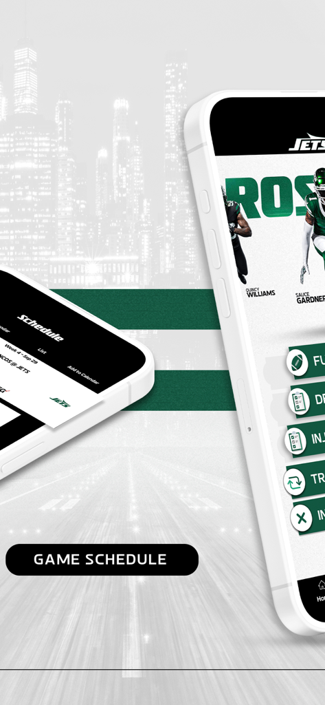 Official New York Jets - Official New York Jets app displaying game schedule and team roster on two iPhones