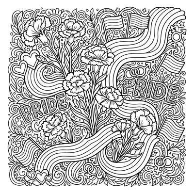 Immerse yourself in a vibrant celebration of love and nature with this unique coloring page. It beautifully blends the untamed elegance of wild carnations with joyful symbols of Pride Month, offering a delightful artistic escape.