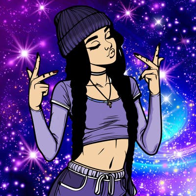 realistic teenage girl with braids and a beanie and crop top doing 🫶🏼