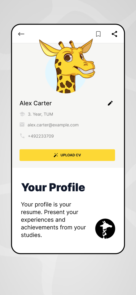 DING Jobs - Student Jobs - Uma página de perfil de estudante no aplicativo DING Jobs exibindo informações pessoais e uma seção de currículo.