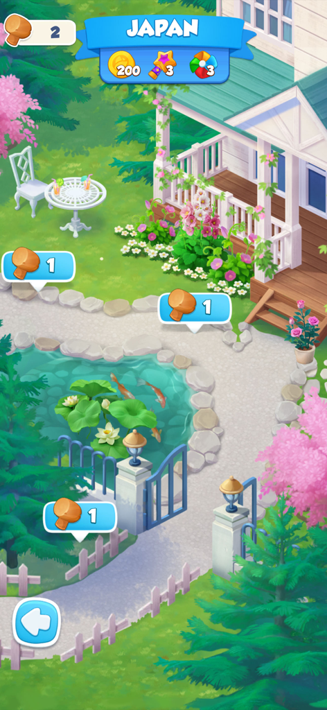 Bloom Match: Flower Blast - A hand-painted Japanese themed garden map with a koi pond and pink cherry blossoms in Bloom Match Flower Blast.