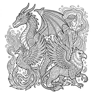 Unleash your creativity with this mesmerizing fantasy coloring page, blending mythical creatures with intricate Zentangle patterns. Embark on a psychedelic coloring adventure featuring a majestic dragon, fiery phoenix, and noble gryphon.