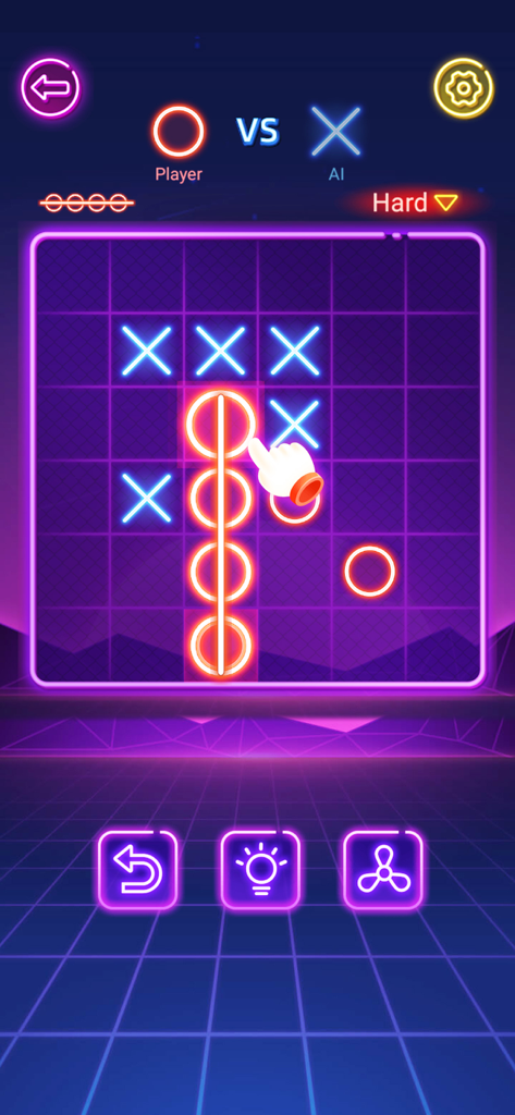 Tic Tac Toe - 2 Player Games - A neon-themed Tic Tac Toe game board showing a vertical win with four glowing red circles against blue crosses in hard mode.
