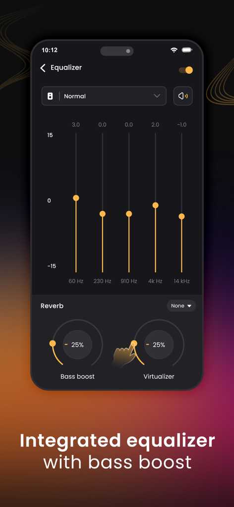 Music Player & MP3 Player ‣ - Una interfaz móvil que muestra un ecualizador integrado de cinco bandas con controles de realce de graves y virtualizador.