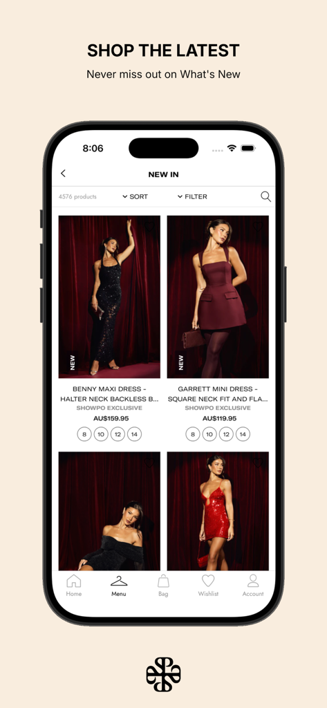 Showpo: Fashion Shopping - L'application mobile Showpo affichant une collection de nouvelles robes tendance pour femmes