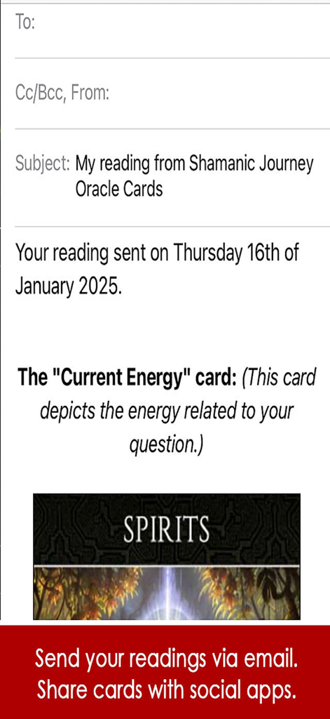 Indie Goes Oracle Cards - Una vista previa por correo electrónico de una lectura de cartas oráculo espiritual con opciones para compartir.