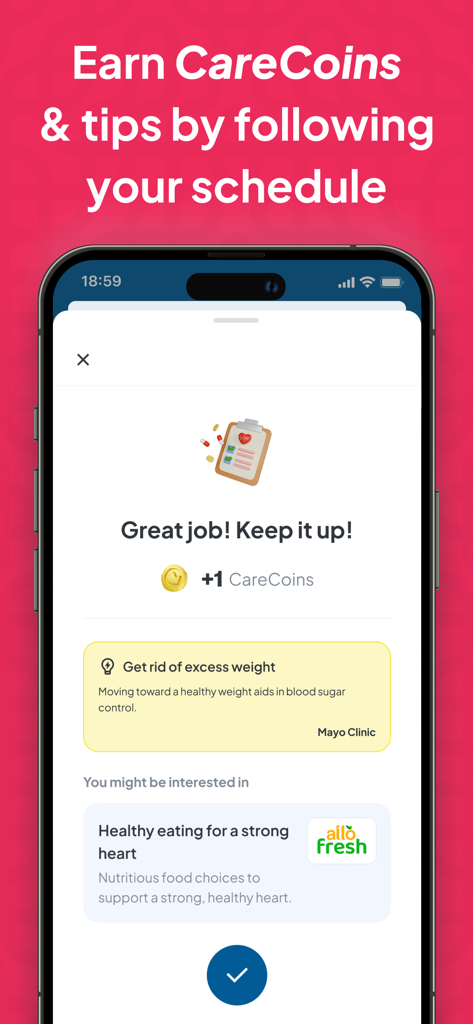 CareAide Manage Meds & Health - CareAide app screen showing CareCoins rewards and health tips for following a medication schedule