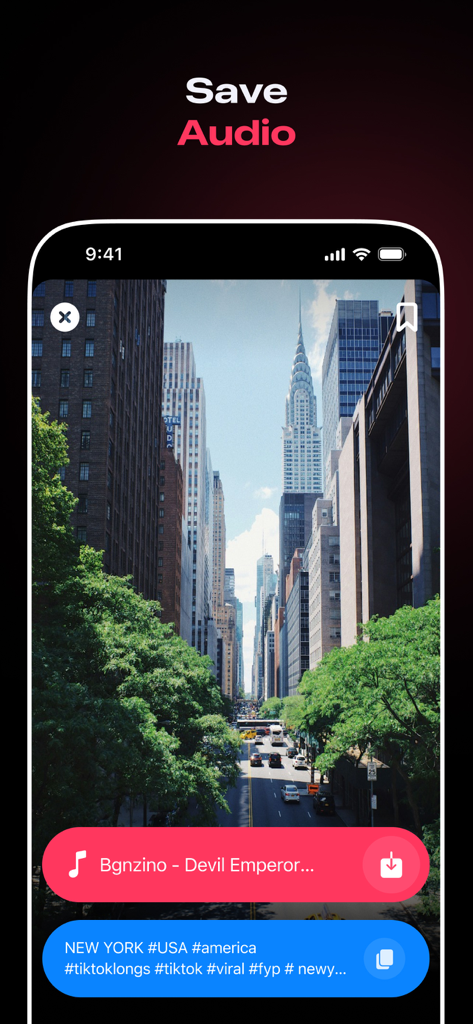Mobile app interface showing a video of New York City with options to save audio and view viral hashtags.