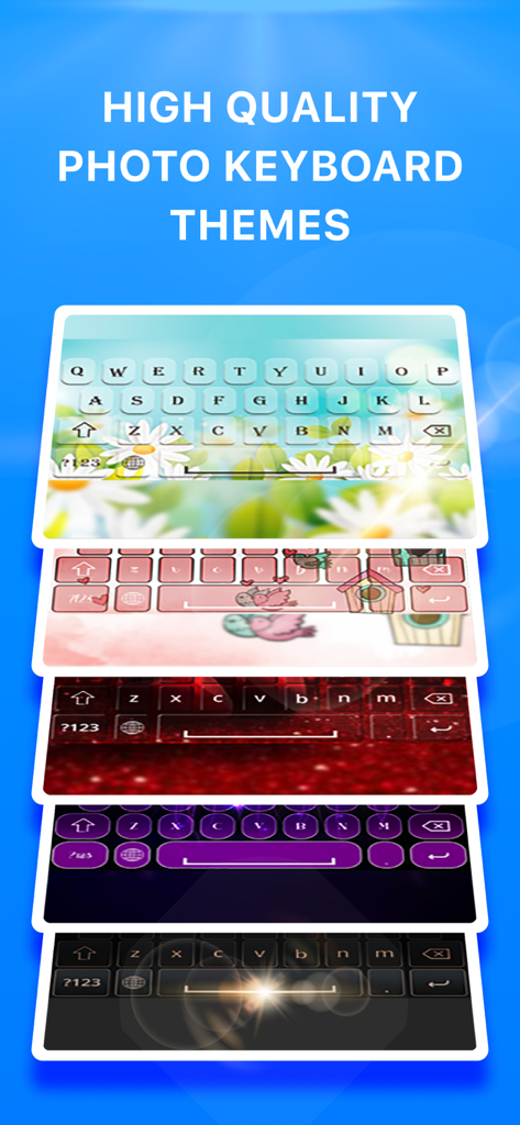 My Photo Background Keyboard - Una pila de temas de teclado diversos y estéticos con fotos personalizadas, incluyendo diseños florales y de purpurina.