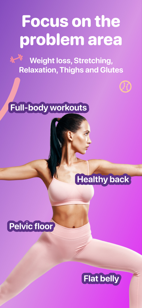 Woman in a fitness pose highlighting target postpartum workout areas like pelvic floor, healthy back, and flat belly.