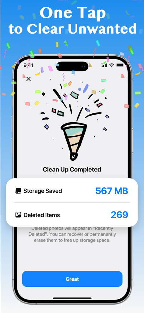 Prime Cleaner app display showing storage saved and deleted items summary after cleanup