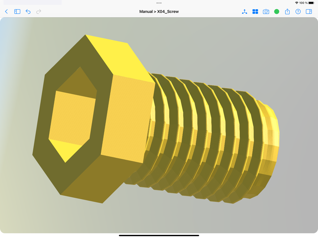 Modeler 3D - Ein programmatisches 3D-Modell einer gelben Schraube mit Sechskantkopf, gerendert in der Benutzeroberfläche der Modeler 3D App.