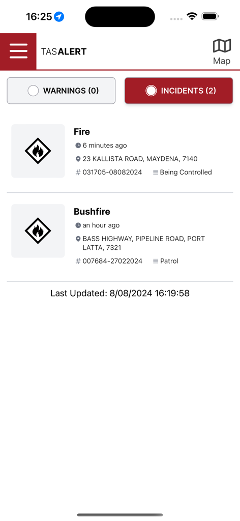 TasALERT - Screenshot of the TasALERT app displaying a list of current emergency incidents including fire and bushfire alerts in Tasmania