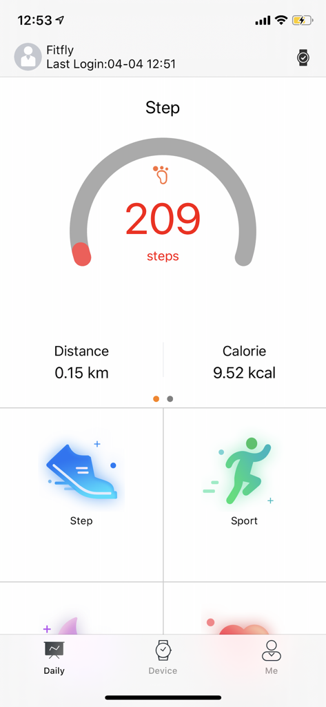 FitFly(US) - FitFly mobile app interface displaying daily step count, distance, and calories burned