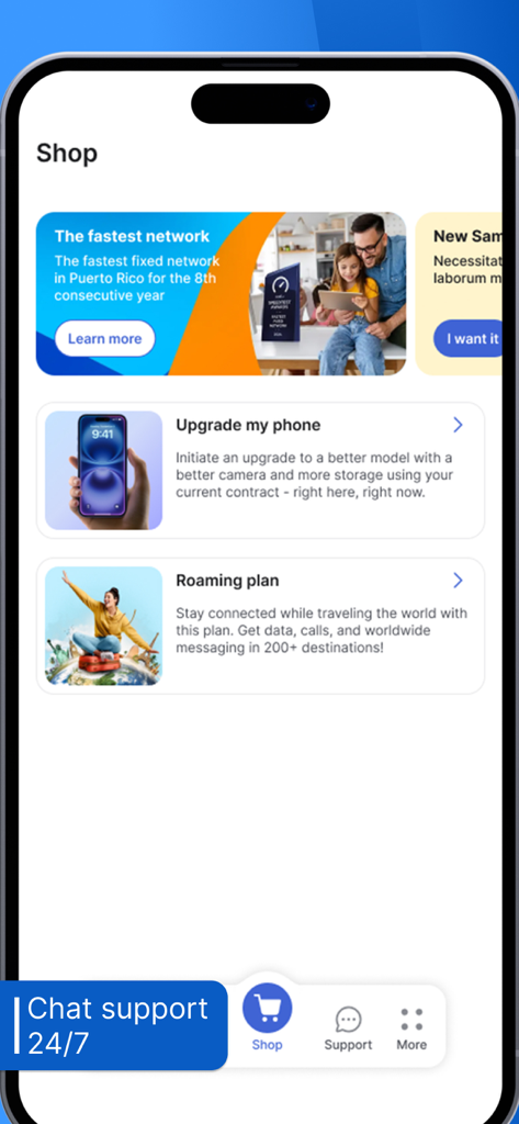 Écran de la boutique de l'application My Liberty affichant les options de mise à niveau de téléphone et de forfaits d'itinérance