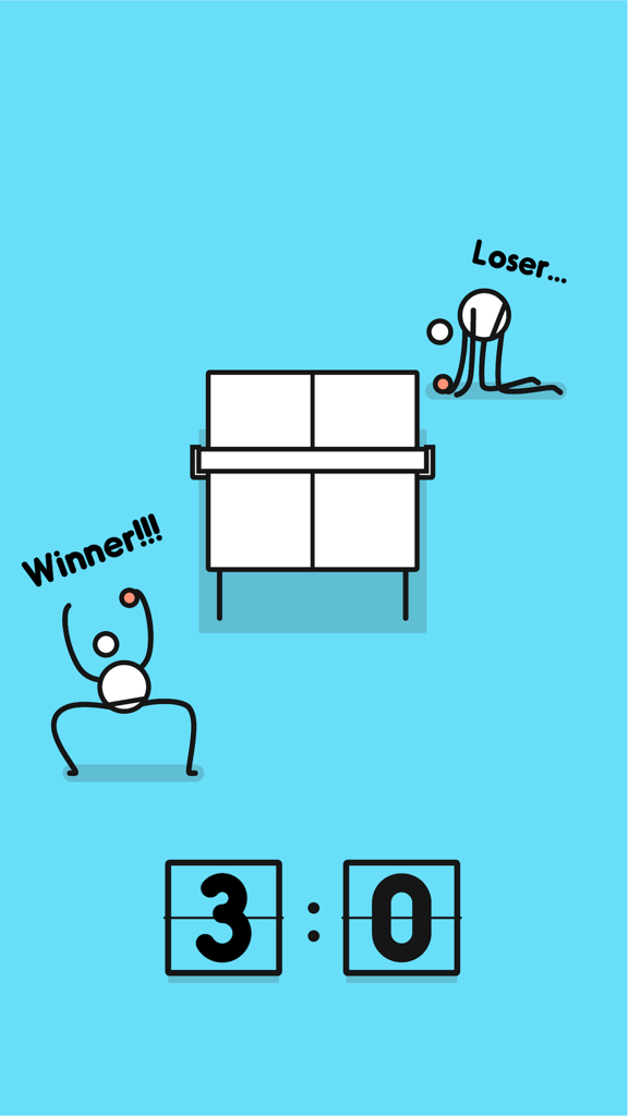 Personagem stickman celebrando uma vitória de 3 a 0 no pingue-pongue