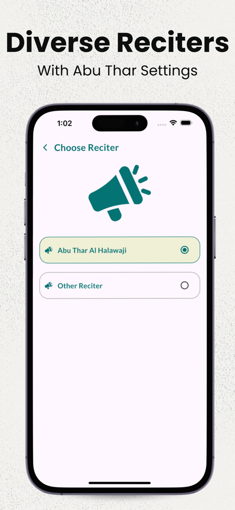 Interface of Dua e Ahad app showing the choose reciter screen with an option for Abu Thar Al Halawaji