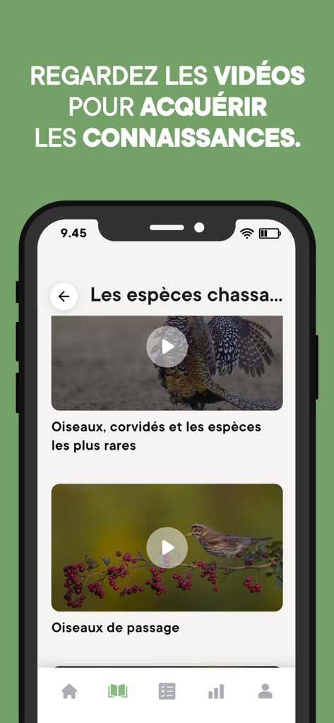 Chassexam - Una pantalla móvil de la aplicación Chassexam que muestra videos educativos para identificar especies de caza