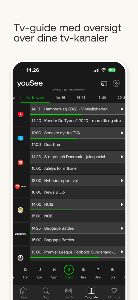 YouSee Play - A mobile phone screen displaying the YouSee Play TV guide with a list of Danish TV channels and their programming schedules