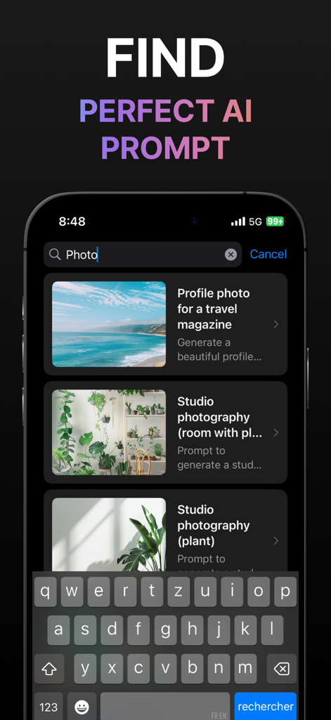 PromptKit: AI Helper - A search interface within the PromptKit app showing various AI prompt templates for photography