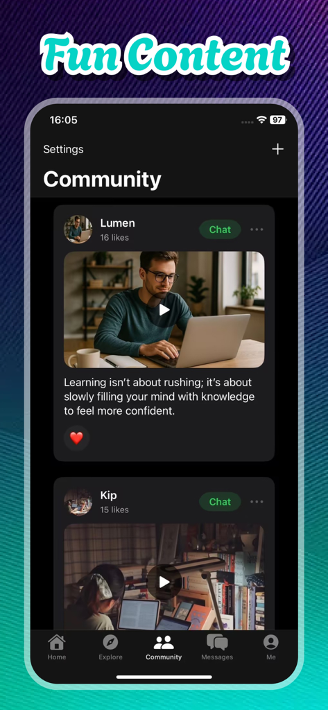 Cmate: Learn Together - Screenshot of the Cmate app community section showing social posts from users and chat options