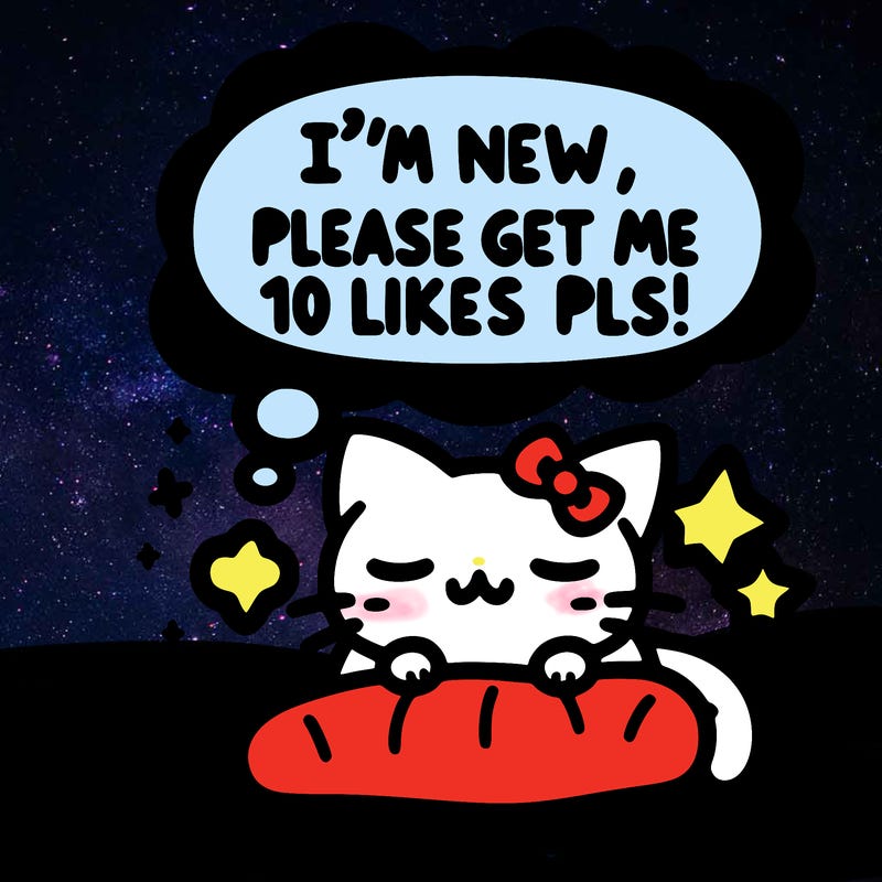 kitty taking a nap dream talking and saying "i'm new, please get me at least 10 likes pls!!"