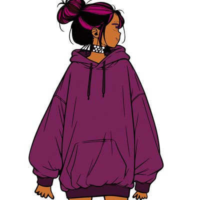 realistic girl with a oversized sweatshirt on and a bun