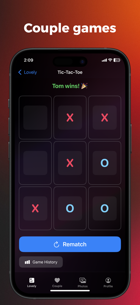 Lovely - Couple Games - Una interfaz de juego de tres en raya para parejas en la aplicación de relaciones Lovely