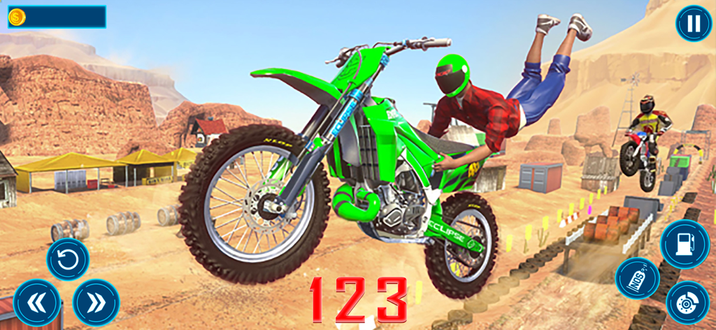 A rider performing a mid-air stunt on a green dirt bike in a desert racing environment