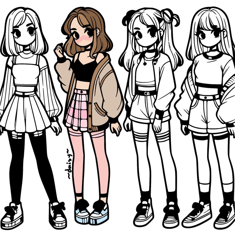 one girl with crop-top shirt and a jacket with a skirt, long socks and another girl with a shirt and pants with a jacket