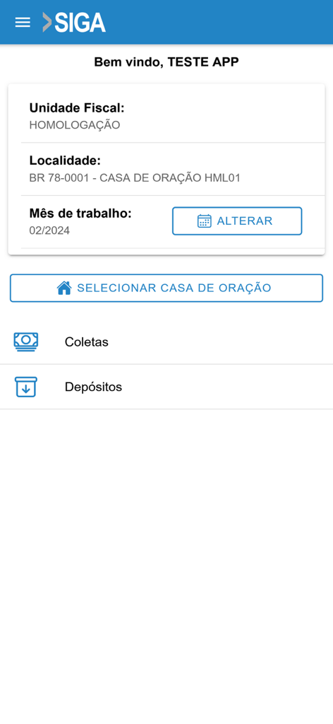Tela inicial do App SIGA exibindo detalhes da unidade fiscal da igreja e opções para coletas e depósitos.