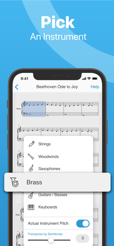 A mobile interface for the Sheet Music Scanner app showing a list of selectable playback instruments over a digital score of Beethoven's Ode to Joy