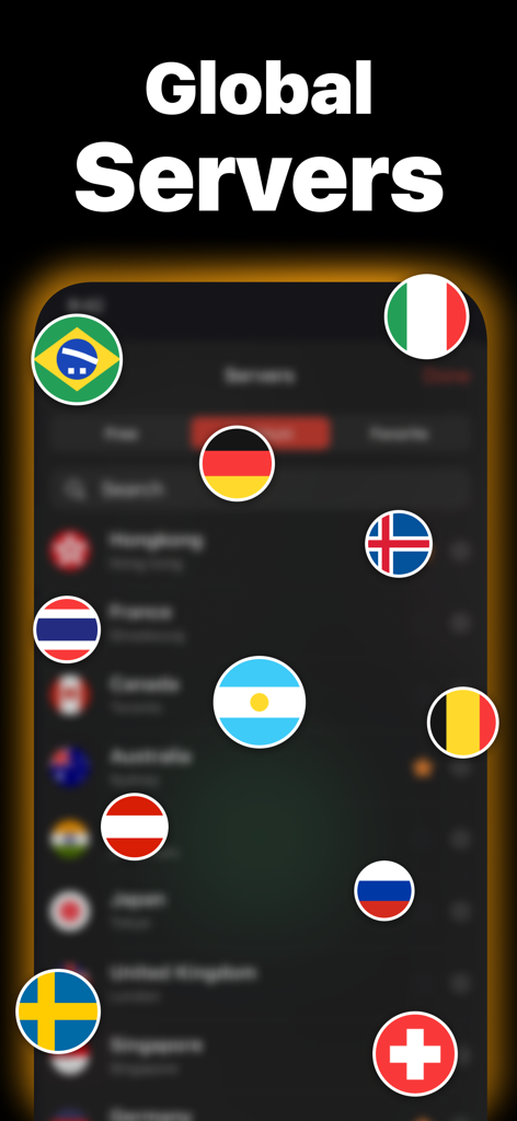 The Free VPN ™ - Localizações de servidores globais com bandeiras de países no aplicativo The Free VPN