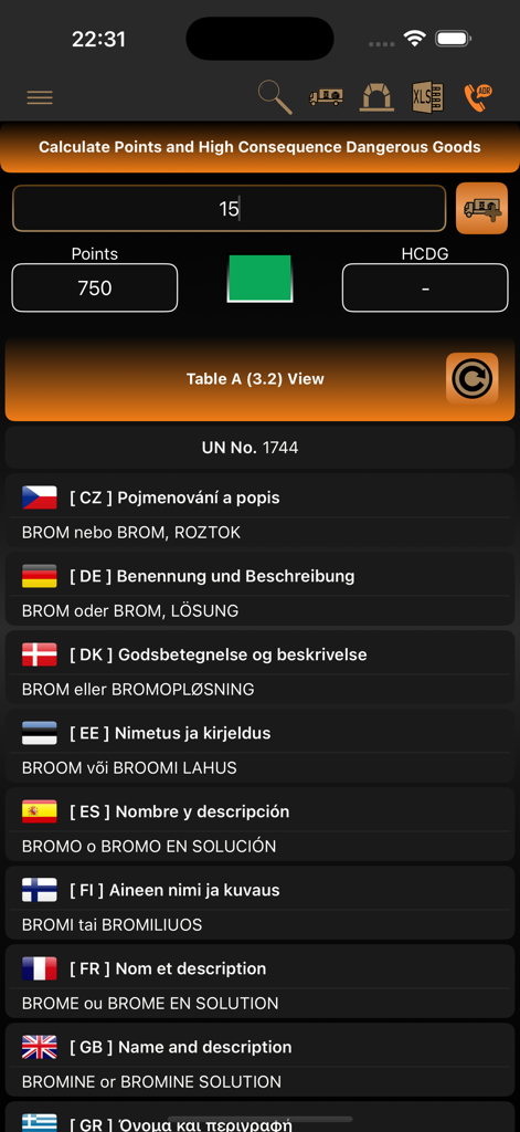 ADR Tool 2025 Dangerous Goods - ADR Tool 2025 interface displaying hazardous goods points calculation and multilingual chemical descriptions