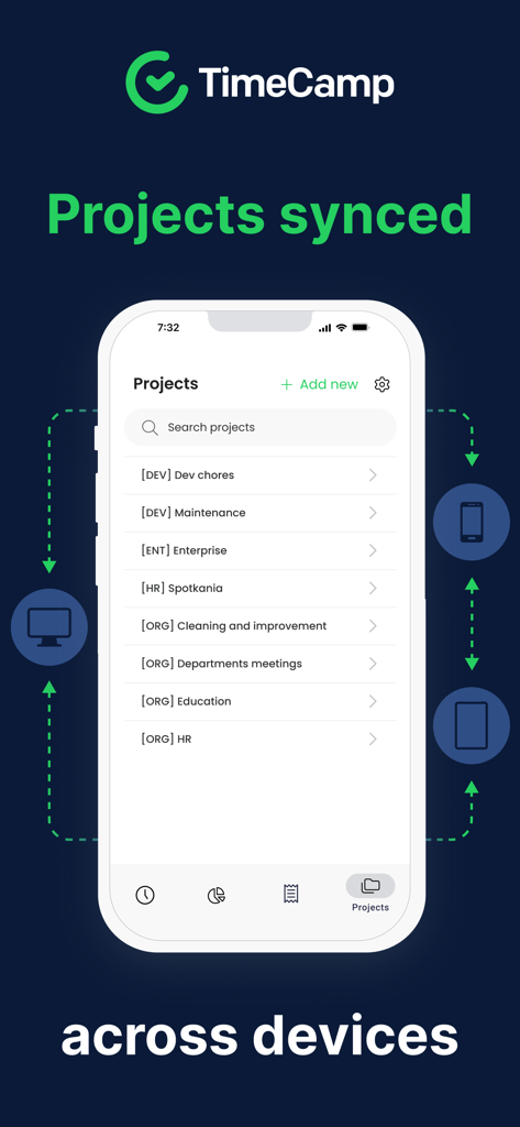 TimeCamp Time Tracker - Interfaz de la aplicación TimeCamp mostrando proyectos sincronizados en múltiples dispositivos