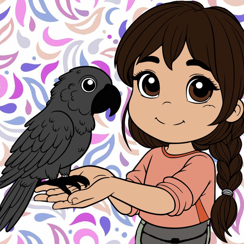 a beautiful parrot sits on the hand of a 6-year-old white-haired girl