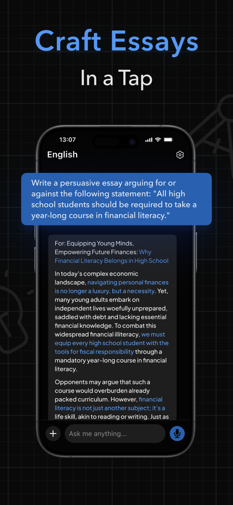 AI Tutor: Homework Helper - Interface do aplicativo móvel Tutor de IA gerando um rascunho de redação persuasiva para uma tarefa estudantil