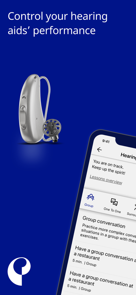 AudioService App - Smartphone screen displaying the AudioService app control interface next to a modern silver hearing aid