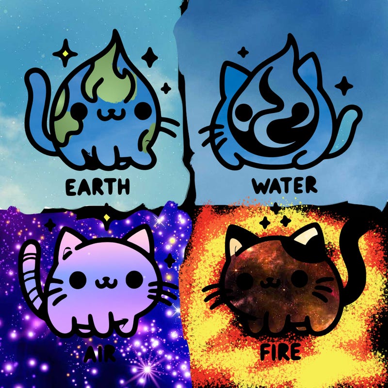 4 cats that represent the different elements, earth, water, air, and fire