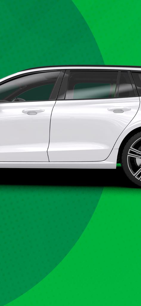 Side view of a white station wagon car on a vibrant green patterned background for the Olho no Carro app.