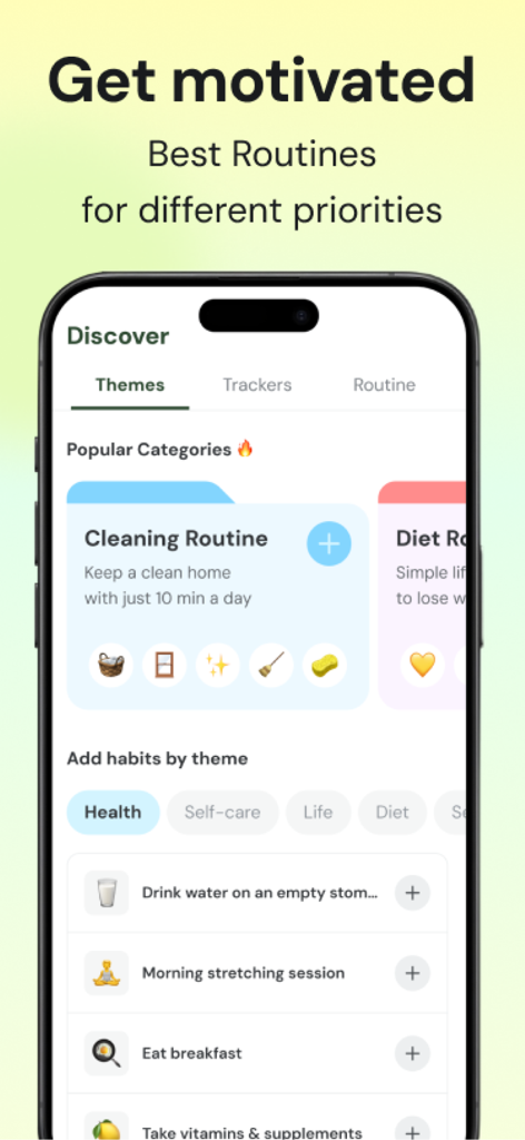 MyRoutine app Discover screen showing popular habit themes and health routines