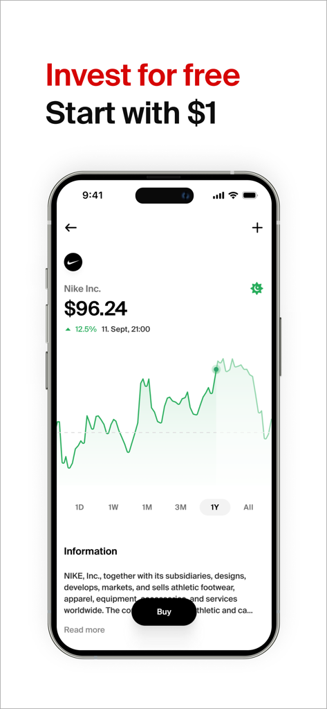 Interface do aplicativo nsave mostrando um gráfico de preços de ações da Nike e um chamado para investir gratuitamente a partir de um dólar.